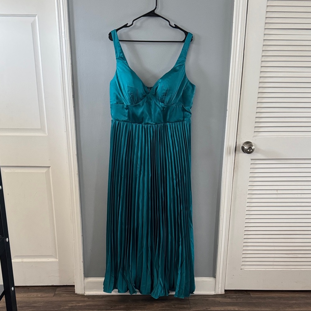 Teal Tea Length Satin Midi Dress - Built in padded bust and drawstring back - Picture 2 of 6